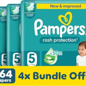 Pampers Rash Protection Taped Diapers, Size 5, 11-16kg, +50% Aloe Vera Lotion for Rash Protection, 3x Fortified Layers for Leakage Protection, Jumbo Pack, 264 Count