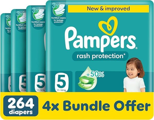 Pampers Rash Protection Taped Diapers, Size 5, 11-16kg, +50% Aloe Vera Lotion for Rash Protection, 3x Fortified Layers for Leakage Protection, Jumbo Pack, 264 Count