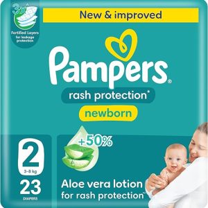 Pampers Rash Protection Taped Diapers, Size 2, 3-8kg, +50% Aloe Vera Lotion for Rash Protection, , 23 Count