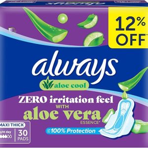Always Aloe Cool Disposable Pads With Aloe Vera Essence For Light Days, For Zero Irritation Feel, Long Maxi Thick Pads With Wings, 30 Count