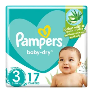 Pampers Baby-Dry Tape Style Diapers with Aloe Vera, 17 Pieces, Size 3, 6-10kg - Up to 100 Percent 12 Hours Leak Protection, Wetness Indicator